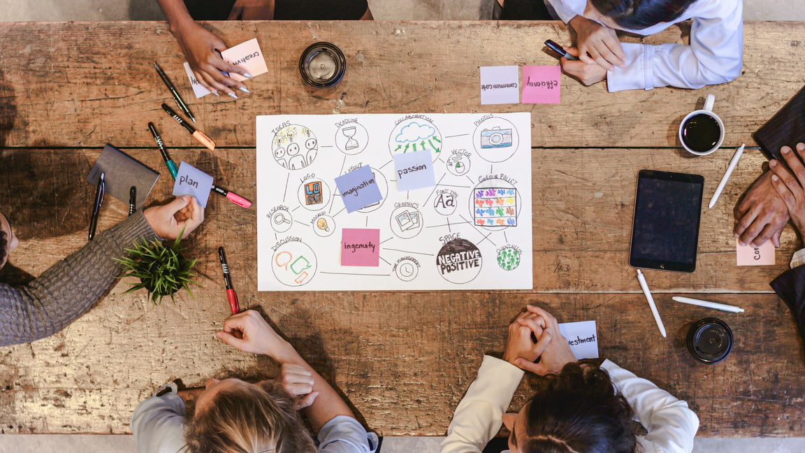 High Angle View of Creative Marketing Team in Strategy Meeting